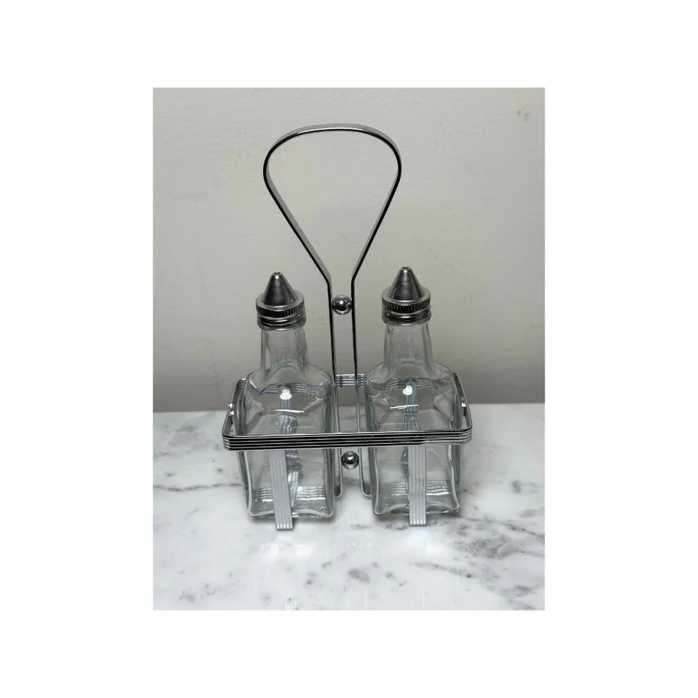 Vintage Oil & Vinegar Cruet Set with Metal Rack Glass Bottles Mid-Century Modern - Picture 3 of 7